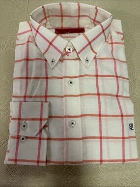 Carolina Herrera White Button-Down Shirt with Pink & Orange Plaid